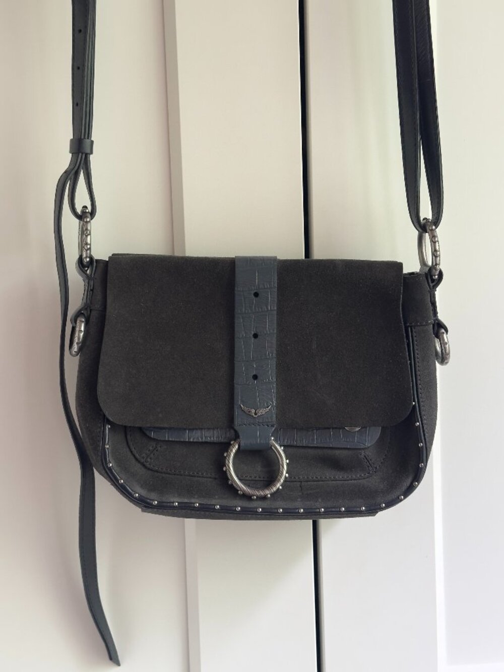 Zadig & Voltaire Kate Gray Suede Embossed Croc Crossbody Bag Bleu De Gris